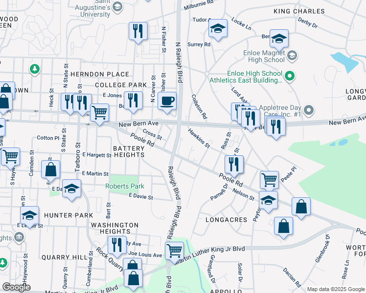 map of restaurants, bars, coffee shops, grocery stores, and more near 201 Lightner Lane in Raleigh