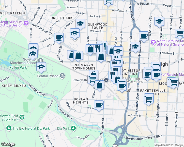 map of restaurants, bars, coffee shops, grocery stores, and more near 710 Independence Place in Raleigh