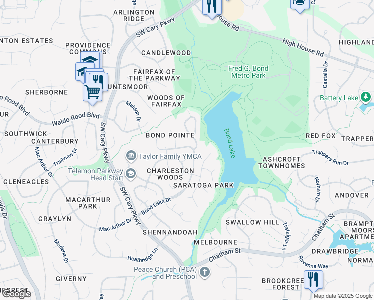 map of restaurants, bars, coffee shops, grocery stores, and more near 303 Bond Lake Drive in Cary