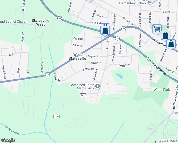 map of restaurants, bars, coffee shops, grocery stores, and more near 2023 Bristol Road in Statesville