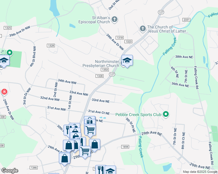 map of restaurants, bars, coffee shops, grocery stores, and more near 30 35th Avenue Northeast in Hickory