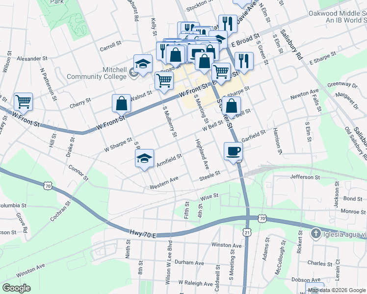 map of restaurants, bars, coffee shops, grocery stores, and more near 501 South Mulberry Street in Statesville