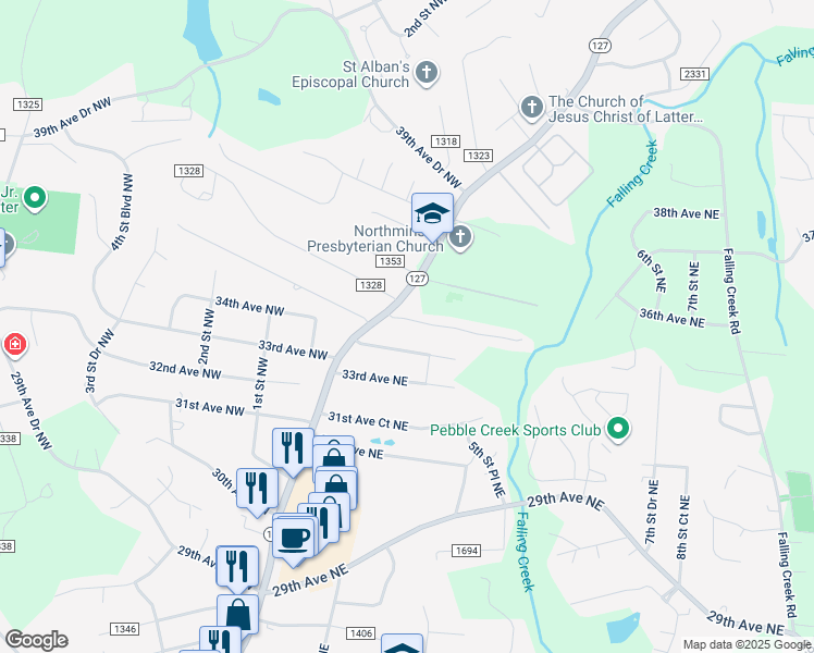 map of restaurants, bars, coffee shops, grocery stores, and more near 30 35th Avenue Northeast in Hickory