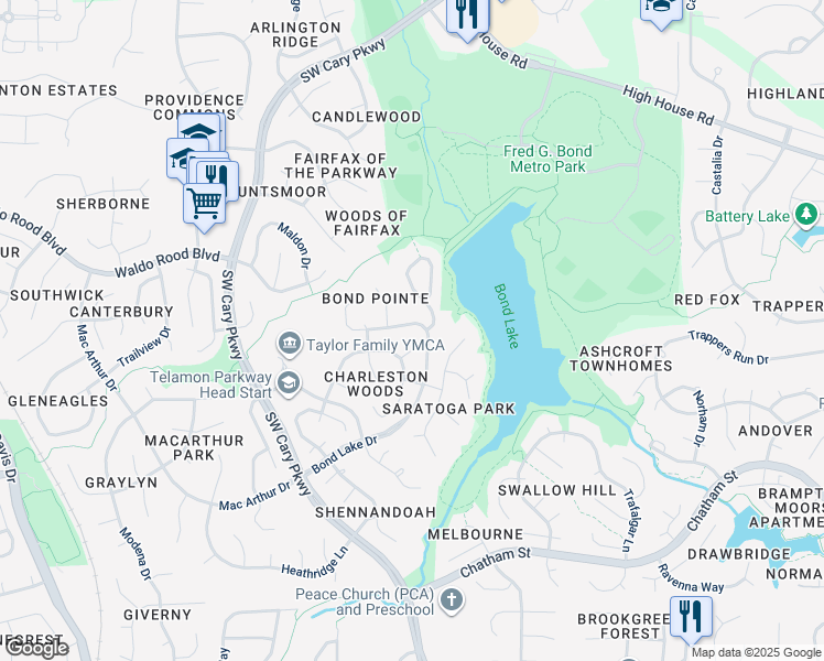 map of restaurants, bars, coffee shops, grocery stores, and more near 303 Bond Lake Drive in Cary