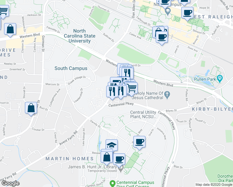 map of restaurants, bars, coffee shops, grocery stores, and more near 2231 Avent Ferry Road in Raleigh