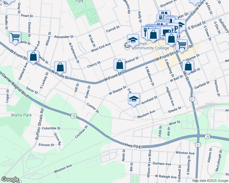 map of restaurants, bars, coffee shops, grocery stores, and more near 643 West Sharpe Street in Statesville