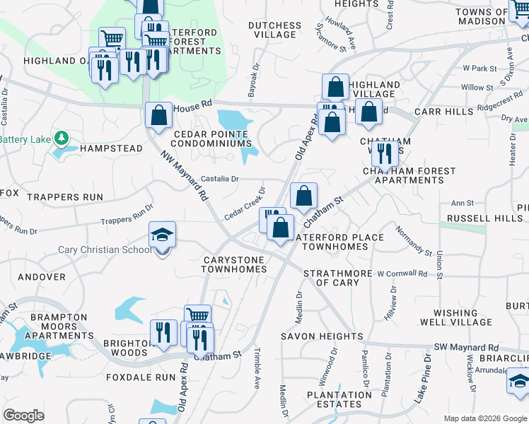 map of restaurants, bars, coffee shops, grocery stores, and more near 1216 Old Apex Road in Cary