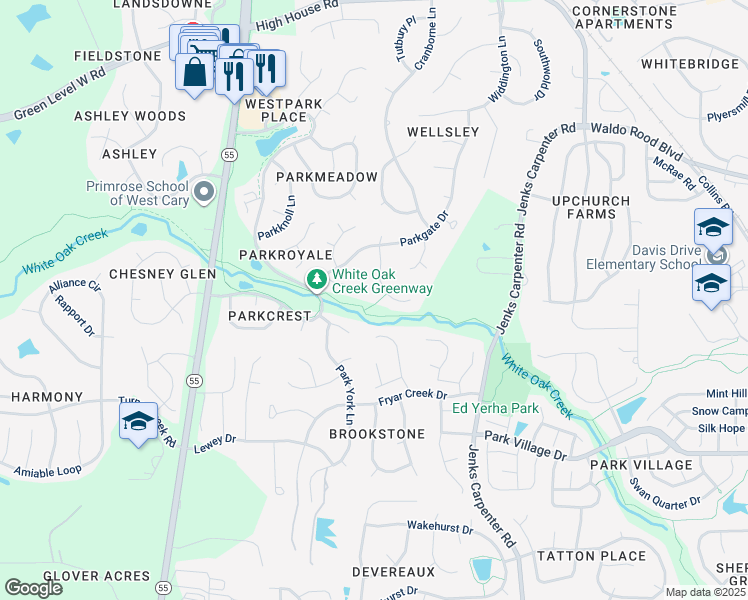 map of restaurants, bars, coffee shops, grocery stores, and more near 114 Barnes Spring Court in Cary