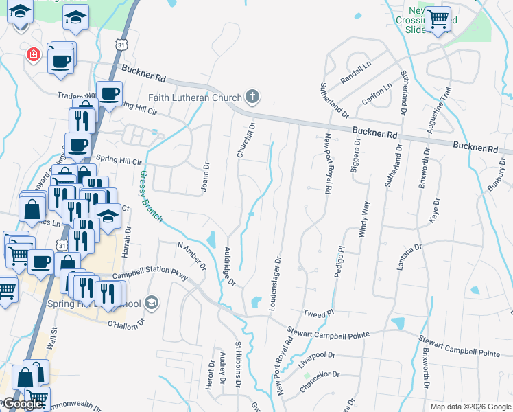 map of restaurants, bars, coffee shops, grocery stores, and more near 2650 Churchill Drive in Thompson's Station