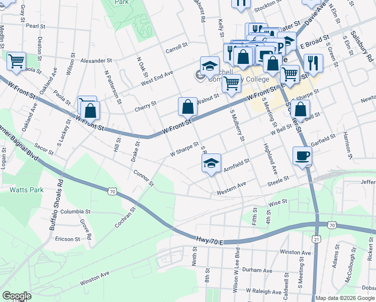 map of restaurants, bars, coffee shops, grocery stores, and more near 627 West Sharpe Street in Statesville