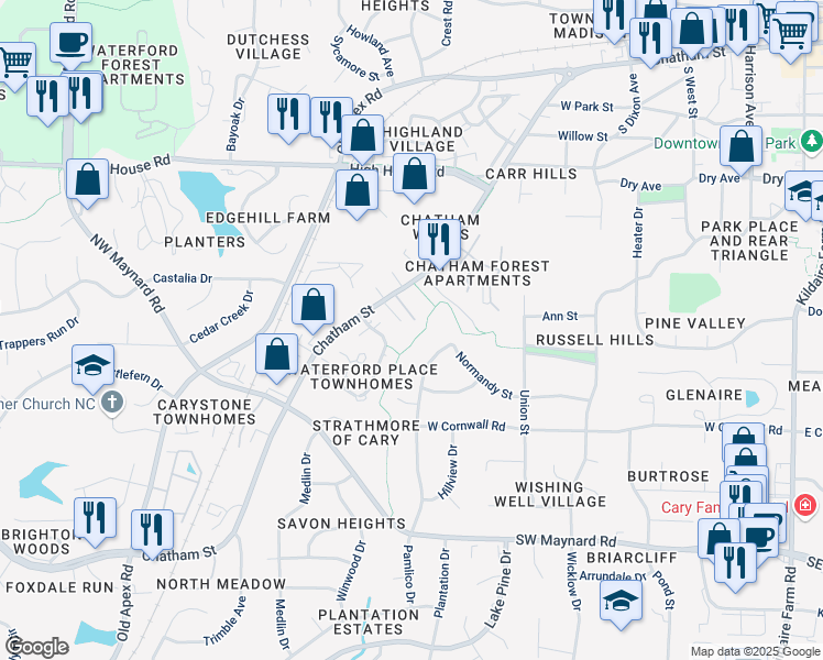 map of restaurants, bars, coffee shops, grocery stores, and more near 121 Cimmaron Court in Cary
