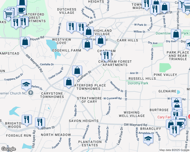 map of restaurants, bars, coffee shops, grocery stores, and more near 113 Danforth Drive in Cary