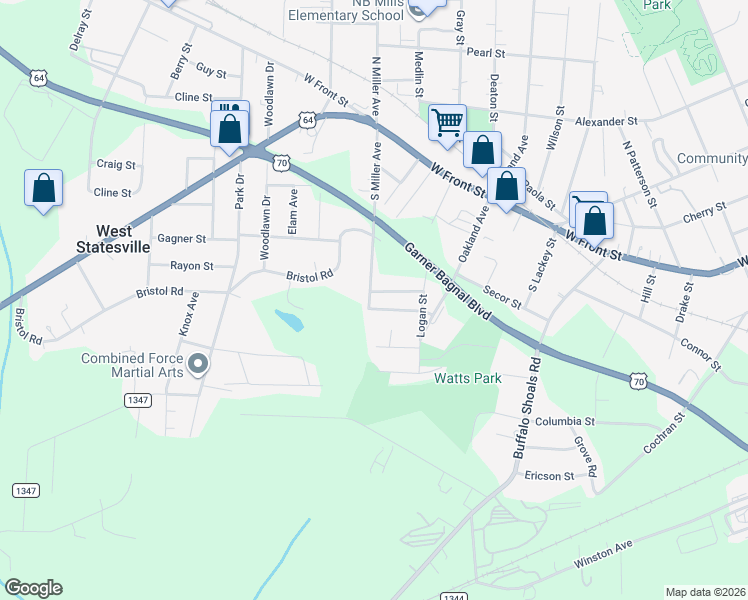 map of restaurants, bars, coffee shops, grocery stores, and more near 1444 School Street in Statesville