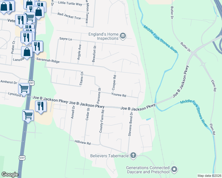 map of restaurants, bars, coffee shops, grocery stores, and more near 437 Youree Road in Murfreesboro