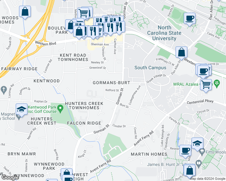 map of restaurants, bars, coffee shops, grocery stores, and more near 3805 Kelford Street in Raleigh