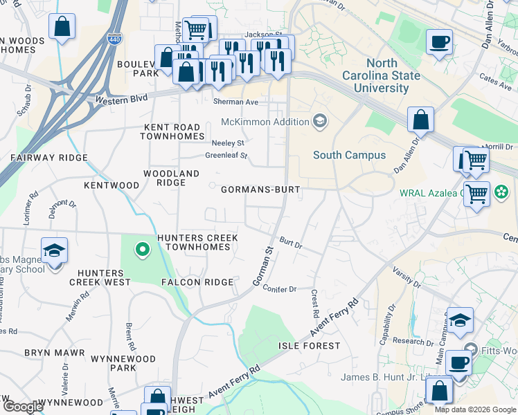 map of restaurants, bars, coffee shops, grocery stores, and more near 3805 Kelford Street in Raleigh