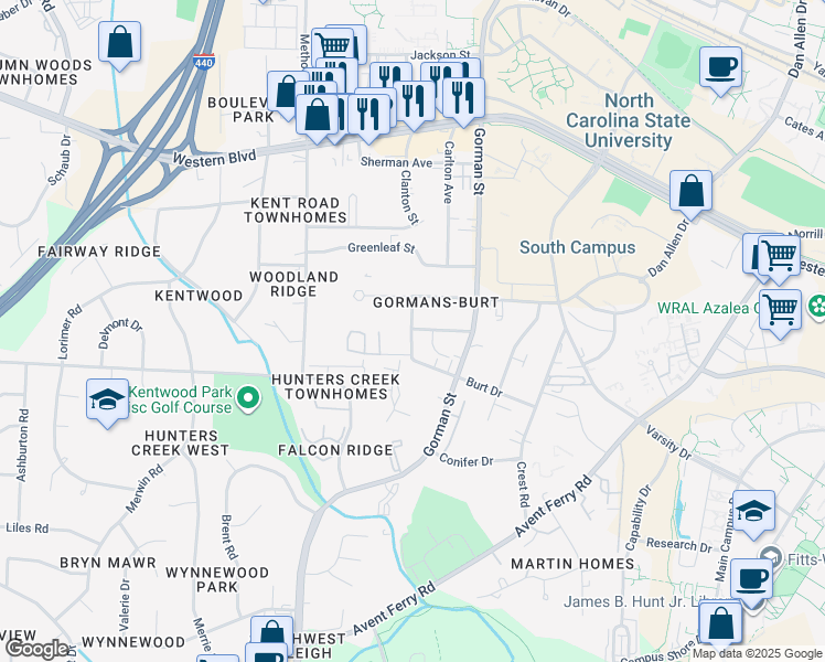 map of restaurants, bars, coffee shops, grocery stores, and more near 3833 Kelford Street in Raleigh