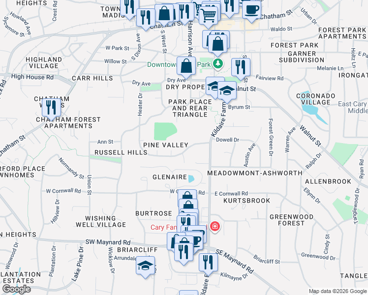 map of restaurants, bars, coffee shops, grocery stores, and more near 120 Shirley Drive in Cary