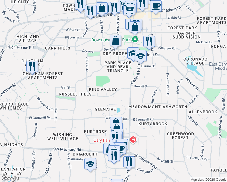 map of restaurants, bars, coffee shops, grocery stores, and more near 120 Shirley Drive in Cary