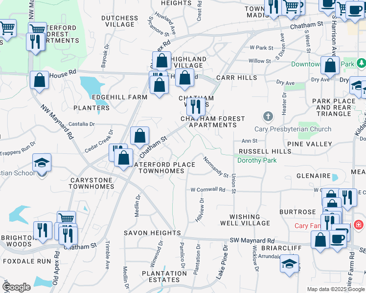 map of restaurants, bars, coffee shops, grocery stores, and more near 121 Cimmaron Court in Cary