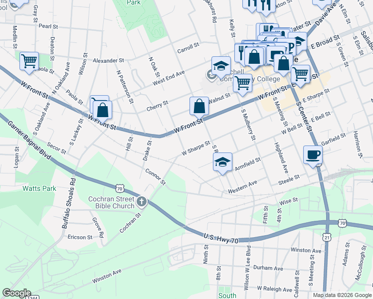 map of restaurants, bars, coffee shops, grocery stores, and more near 324 South Oak Street in Statesville