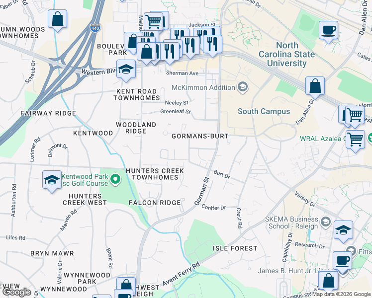 map of restaurants, bars, coffee shops, grocery stores, and more near 3833 Kelford Street in Raleigh