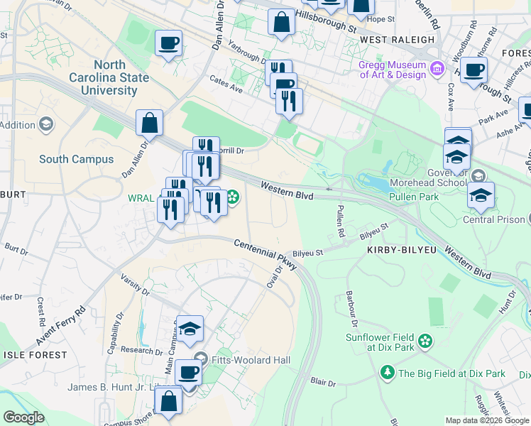 map of restaurants, bars, coffee shops, grocery stores, and more near 2516 Agnes Street in Raleigh