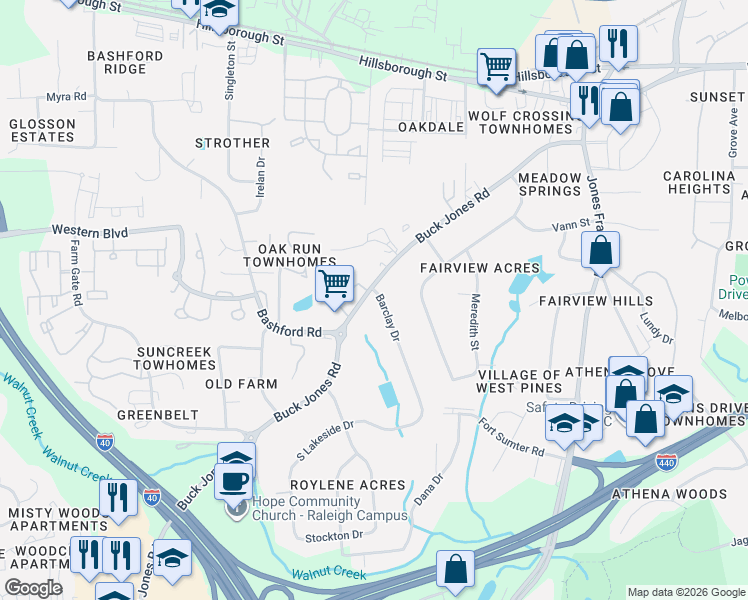 map of restaurants, bars, coffee shops, grocery stores, and more near 5351 Barclay Drive in Raleigh