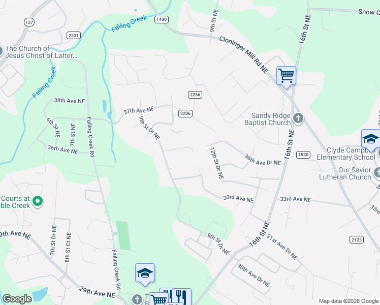 map of restaurants, bars, coffee shops, grocery stores, and more near 1067 35th Avenue Lane Northeast in Hickory