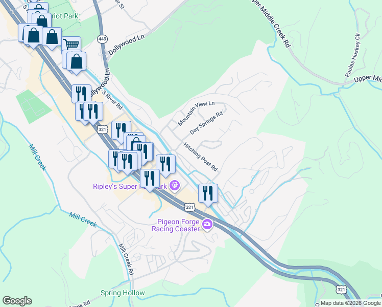 map of restaurants, bars, coffee shops, grocery stores, and more near 304 Day Springs Road in Pigeon Forge