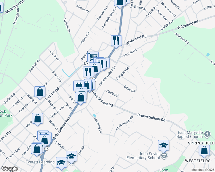 map of restaurants, bars, coffee shops, grocery stores, and more near 301 Bogle Street in Maryville