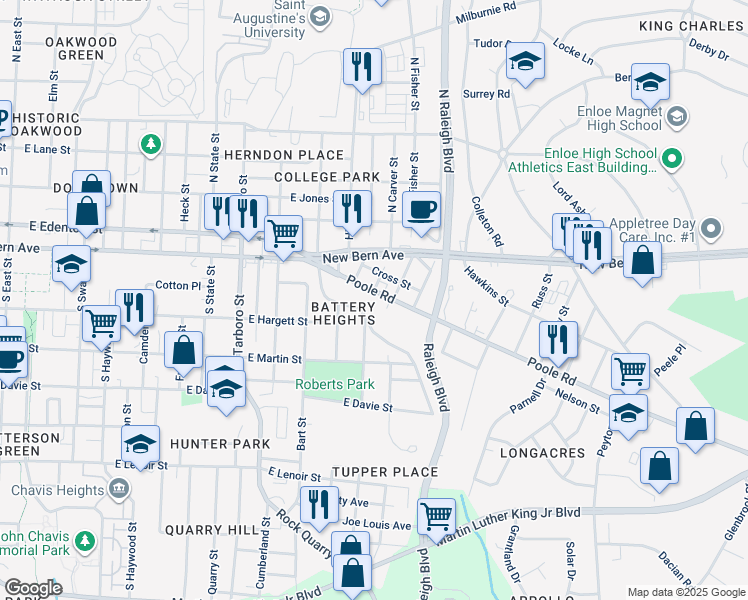 map of restaurants, bars, coffee shops, grocery stores, and more near 1504 Poole Road in Raleigh
