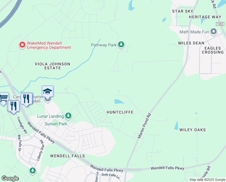 map of restaurants, bars, coffee shops, grocery stores, and more near 6624 Hidden Pond Road in Wendell