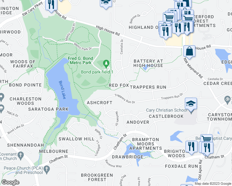 map of restaurants, bars, coffee shops, grocery stores, and more near 412 Trappers Run Drive in Cary