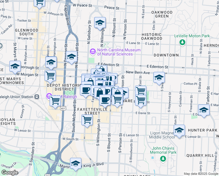 map of restaurants, bars, coffee shops, grocery stores, and more near 112 East Hargett Street in Raleigh
