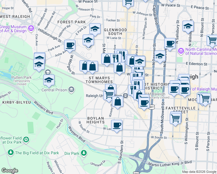 map of restaurants, bars, coffee shops, grocery stores, and more near 218 South Boylan Avenue in Raleigh