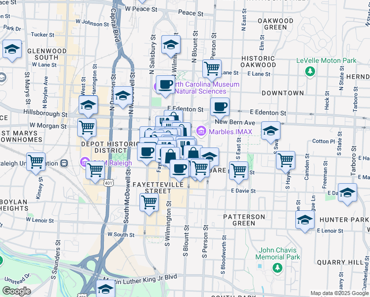 map of restaurants, bars, coffee shops, grocery stores, and more near 112 East Hargett Street in Raleigh