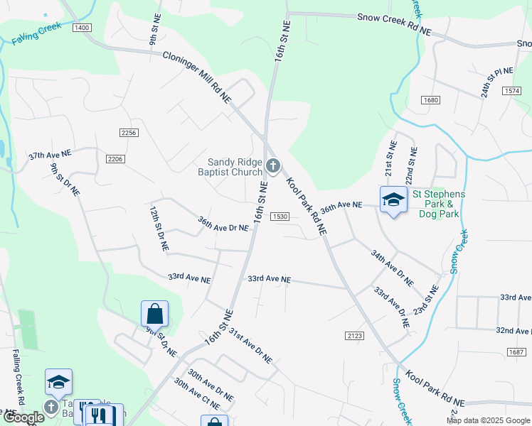 map of restaurants, bars, coffee shops, grocery stores, and more near 3606 16th Street Northeast in Hickory
