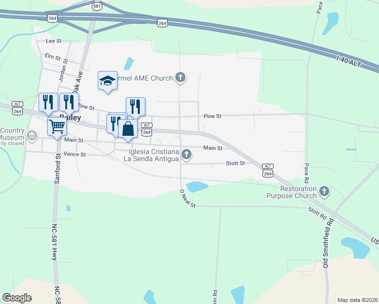 map of restaurants, bars, coffee shops, grocery stores, and more near 5610-5908 Stott Street in Bailey