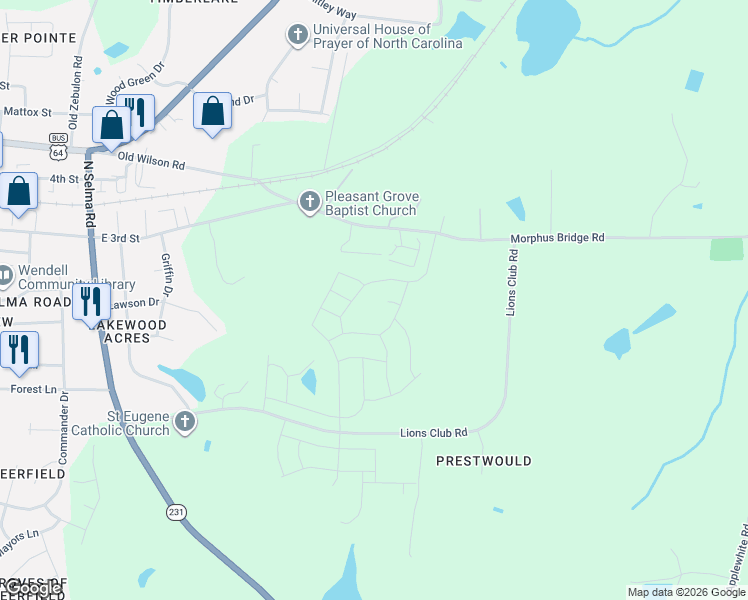 map of restaurants, bars, coffee shops, grocery stores, and more near 929 Jo Jo Drive in Wendell