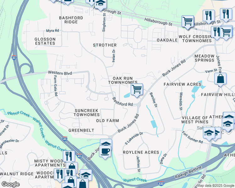 map of restaurants, bars, coffee shops, grocery stores, and more near 645 Bashford Road in Raleigh