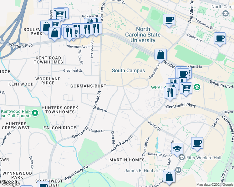 map of restaurants, bars, coffee shops, grocery stores, and more near 1411 Collegeview Avenue in Raleigh