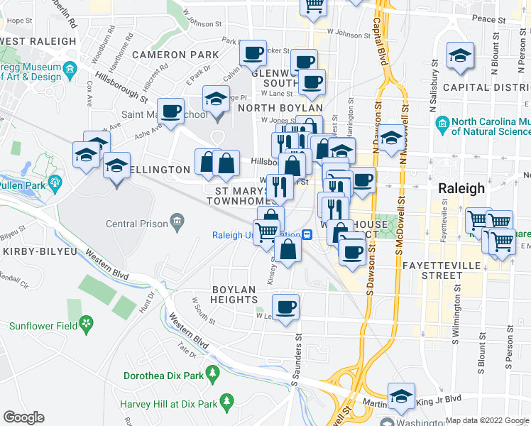 map of restaurants, bars, coffee shops, grocery stores, and more near 218 South Boylan Avenue in Raleigh