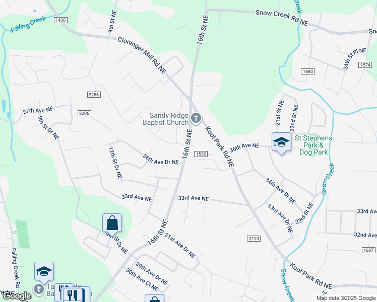 map of restaurants, bars, coffee shops, grocery stores, and more near 3606 16th Street Northeast in Hickory