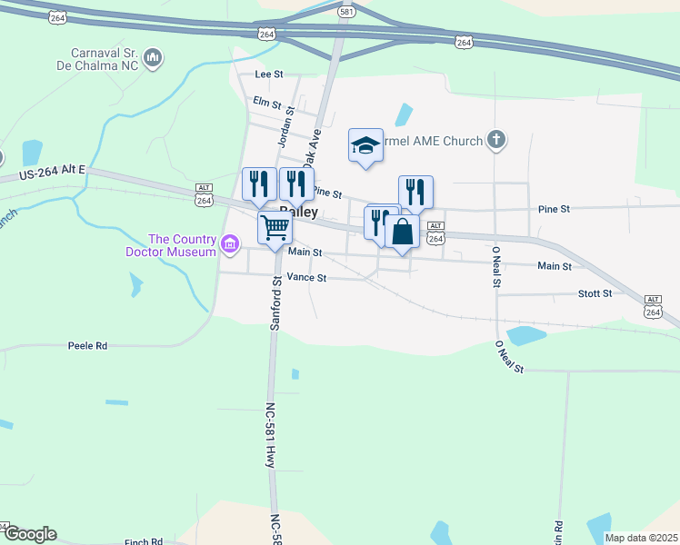 map of restaurants, bars, coffee shops, grocery stores, and more near Benson Street in Bailey