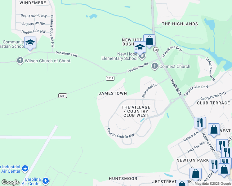 map of restaurants, bars, coffee shops, grocery stores, and more near 4827 Jamestown Drive Northwest in Wilson