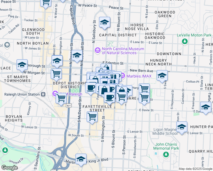 map of restaurants, bars, coffee shops, grocery stores, and more near 137 South Wilmington Street in Raleigh
