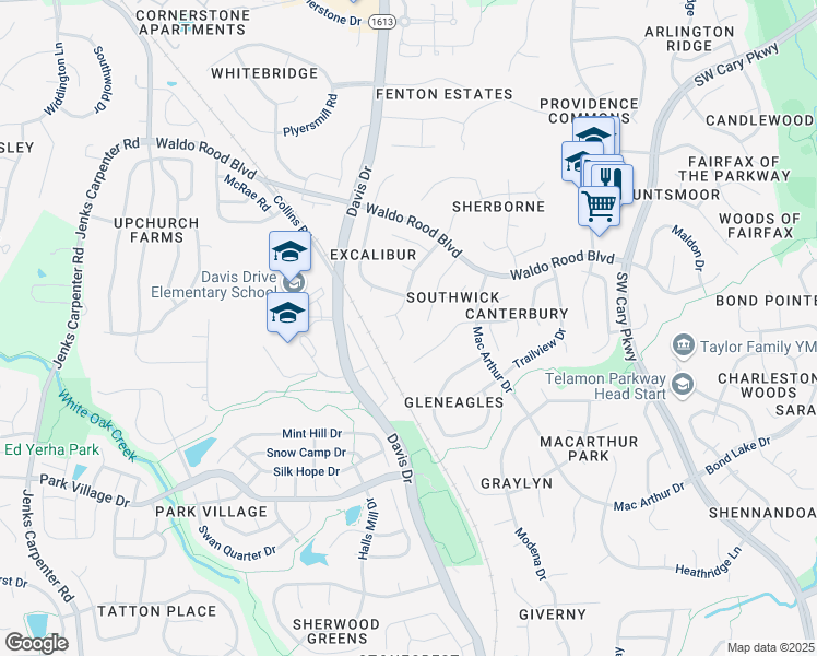 map of restaurants, bars, coffee shops, grocery stores, and more near 105 Chessington Court in Cary