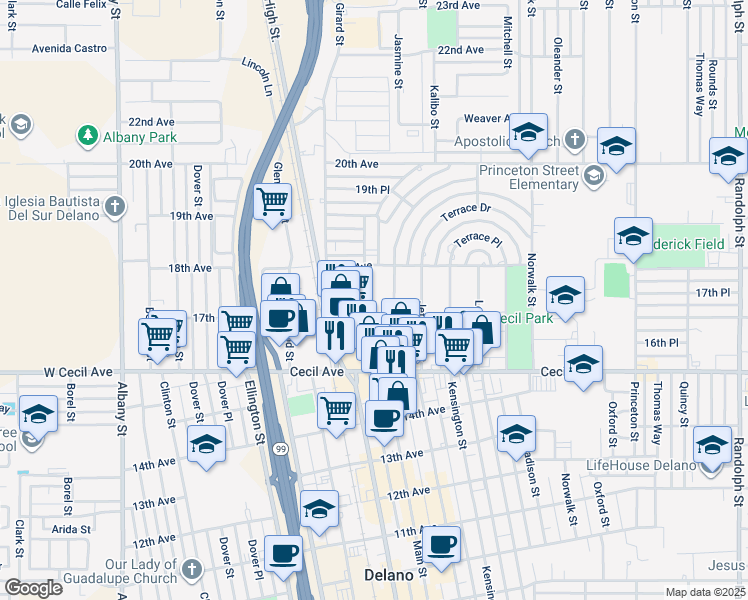 map of restaurants, bars, coffee shops, grocery stores, and more near 815 17th Avenue in Delano