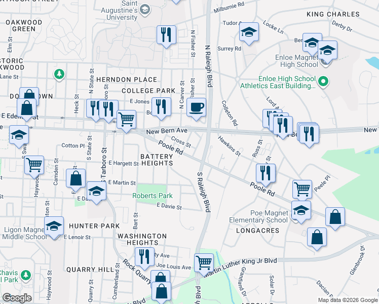 map of restaurants, bars, coffee shops, grocery stores, and more near 1618 Poole Road in Raleigh